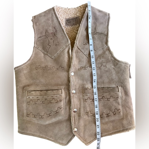 Valenci Vintage Tooled Leather Wool Lined Mexican Western Cattle Vest Size 38 - Picture 3 of 9